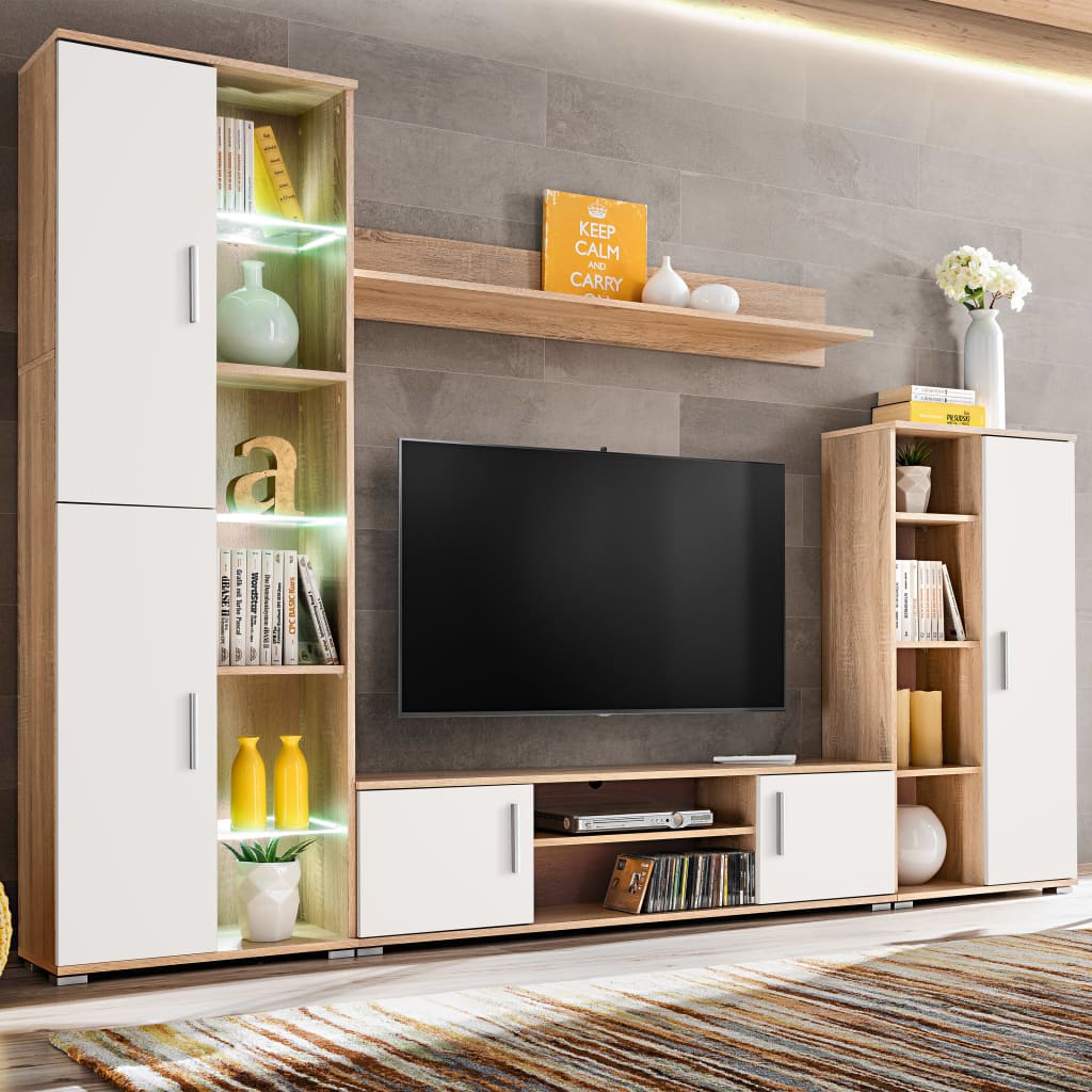vidaXL Mobilier sufragerie spațiu TV, lumini LED, Stejar Sonoma și Alb