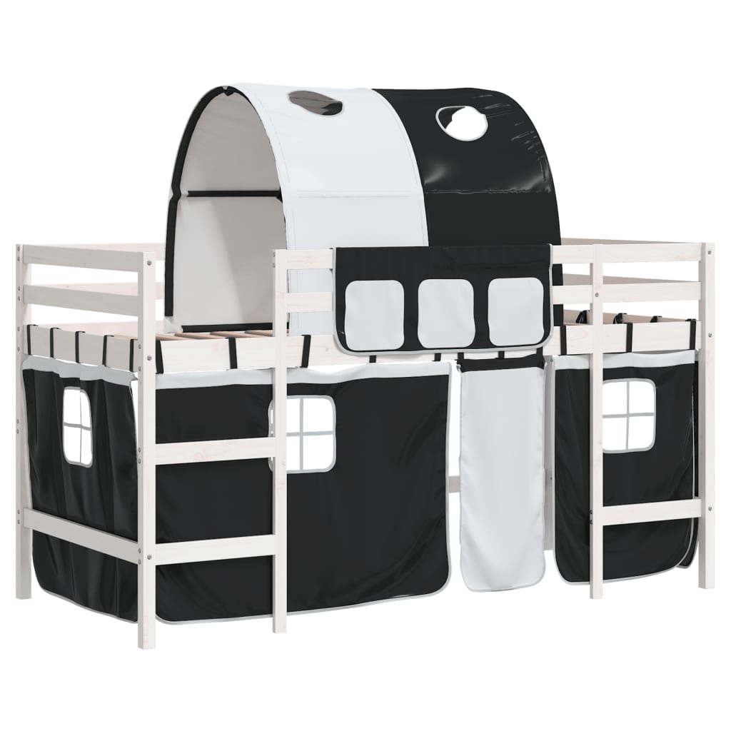vidaXL Pat etajat de copii cu tunel alb/negru 80x200 cm lemn masiv pin