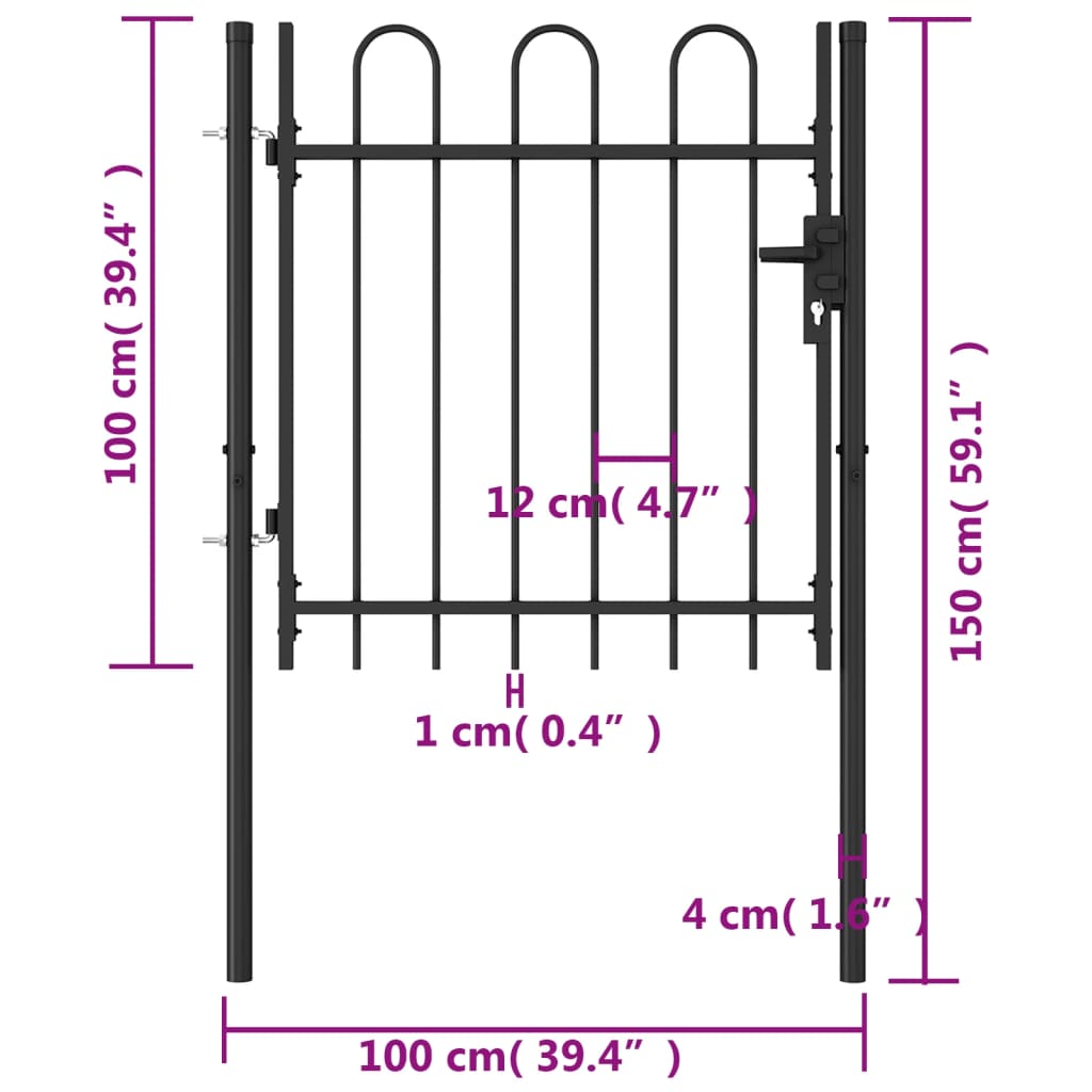 vidaXL Poartă de gard cu o ușă, vârf arcuit, negru, 1 x 1 m, oțel