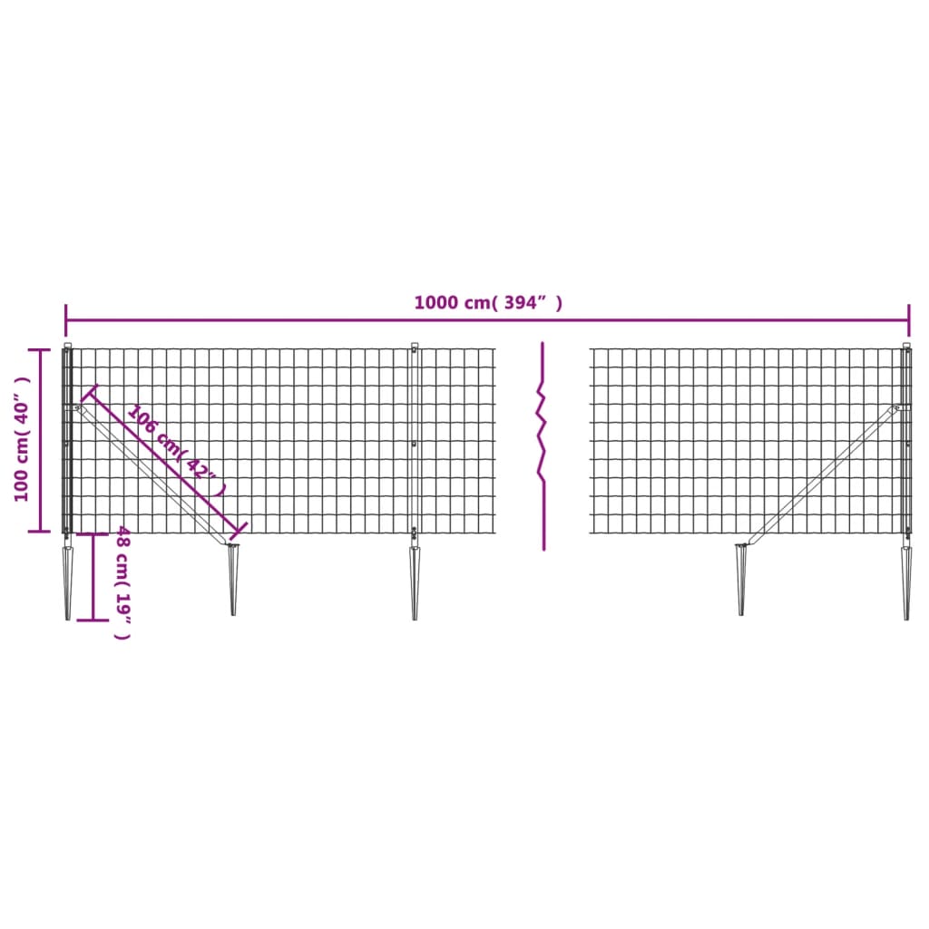 vidaXL Gard plasă de sârmă cu țăruși de fixare, antracit, 1x10 m