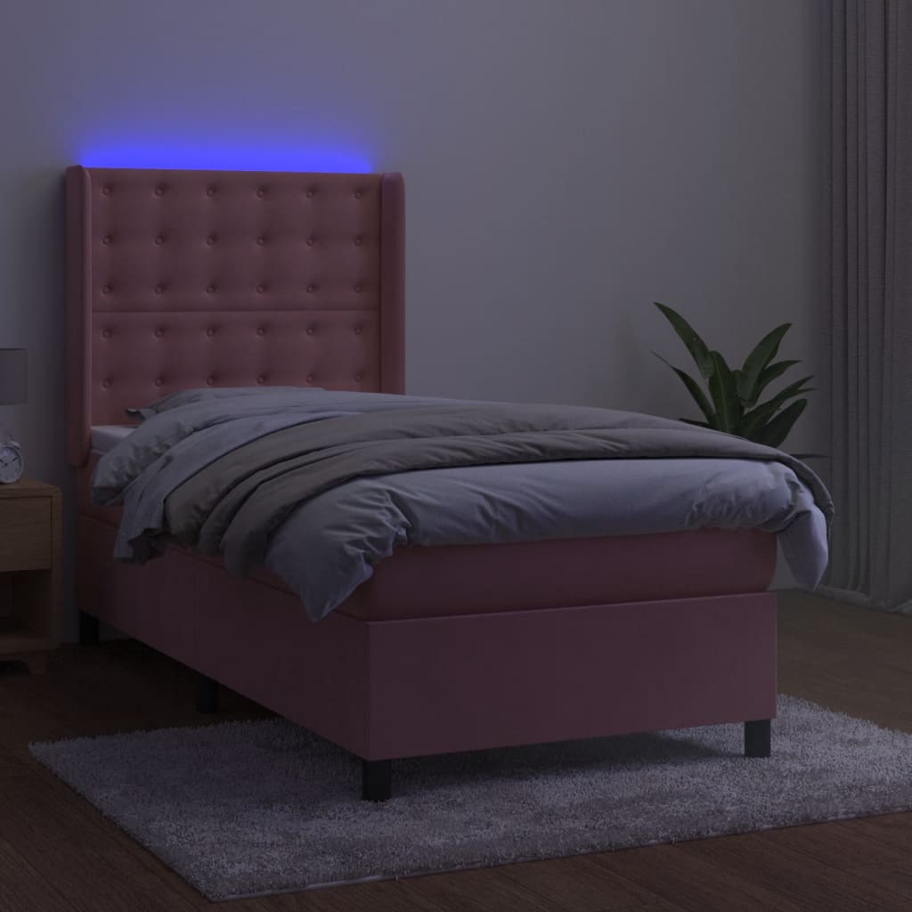 vidaXL Pat cu arcuri, saltea și LED, roz, 100x200 cm, catifea