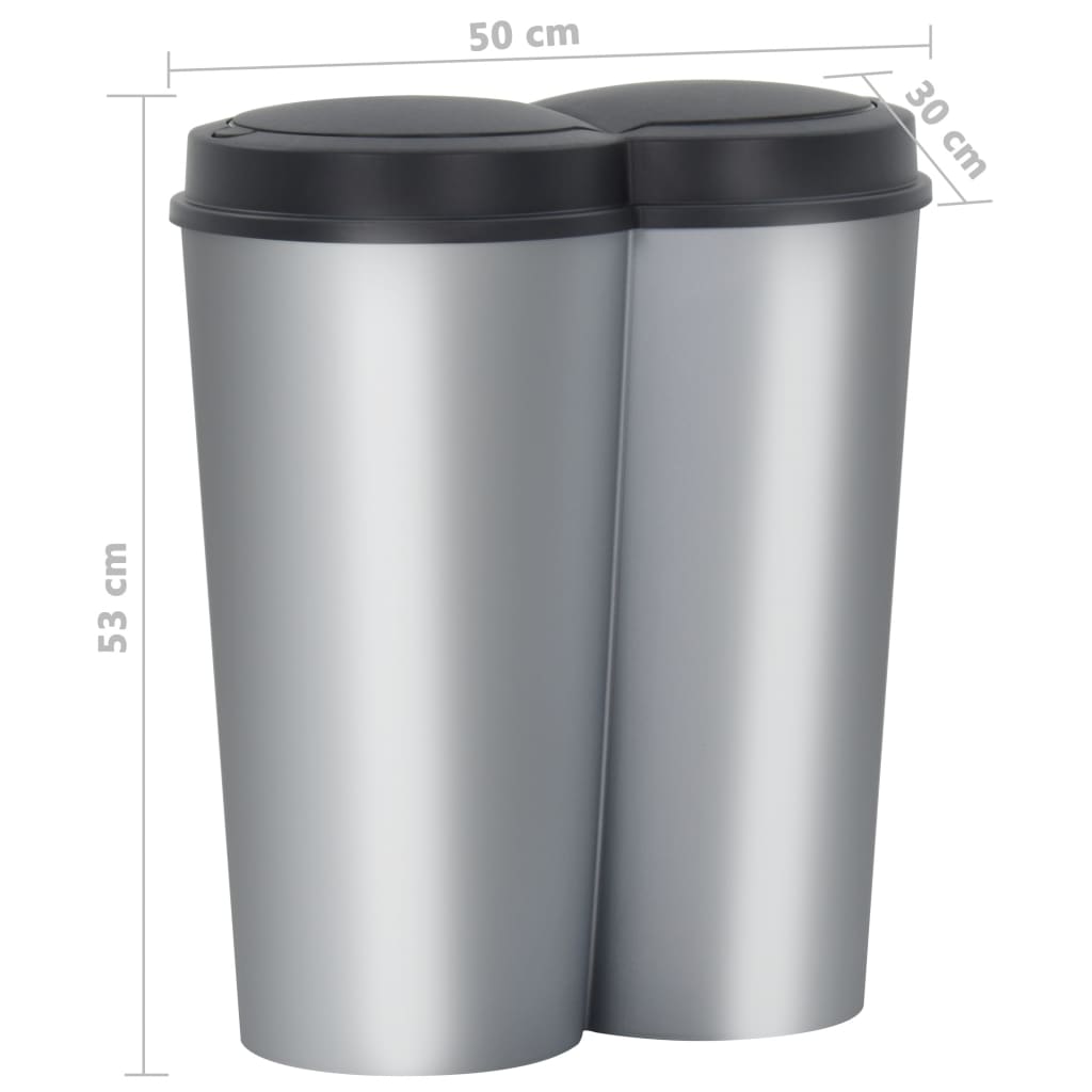 vidaXL Coș de gunoi dublu, argintiu și negru, 50 L