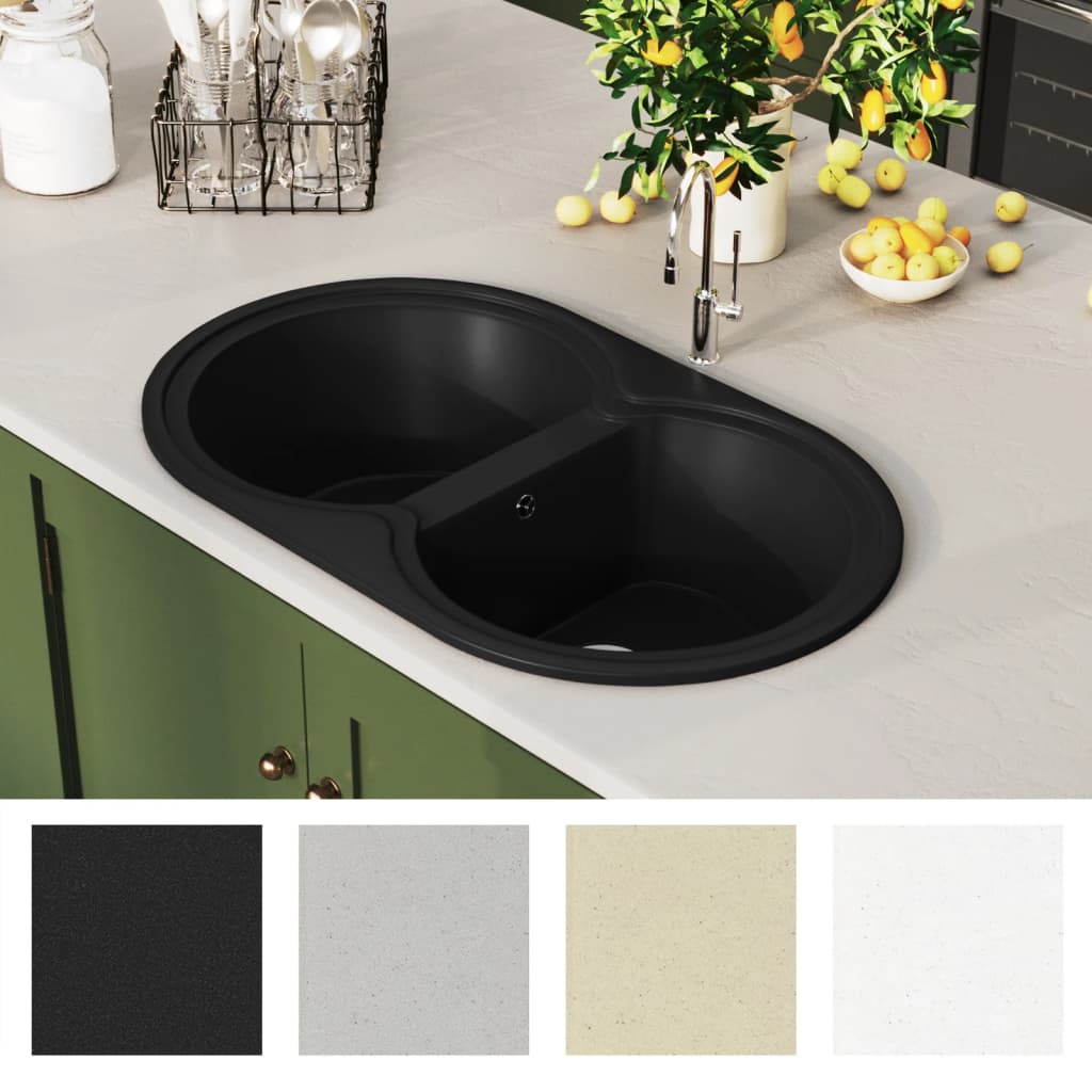 vidaXL Chiuvetă de bucătărie cu două cuve, negru, granit, oval