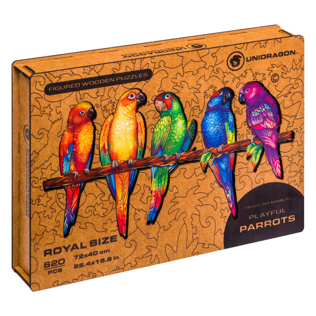 UNIDRAGON Puzzle din lemn 620 piese Playful Parrots Royal size 72x40cm