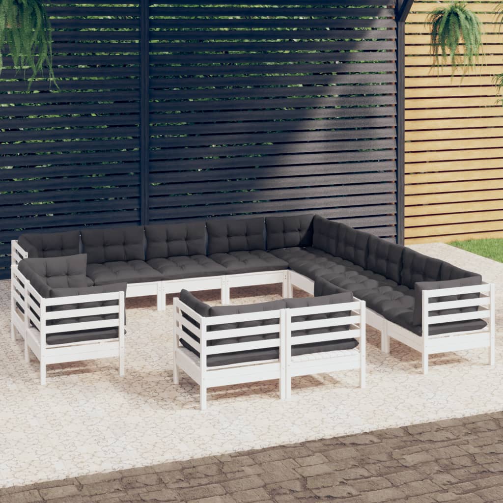 vidaXL Set mobilier de grădină cu perne, 13 piese alb, lemn masiv pin