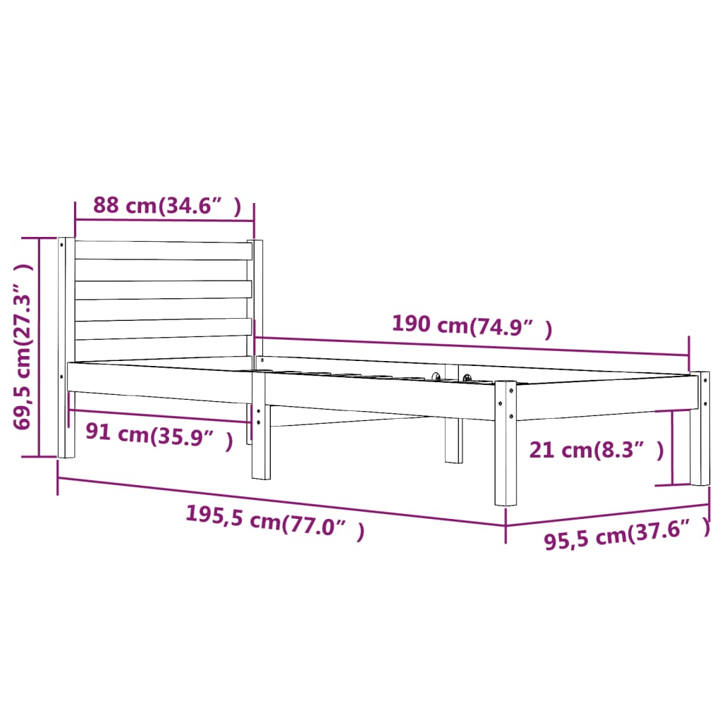 vidaXL Cadru de pat Single, alb, 90x190 cm, lemn masiv de pin