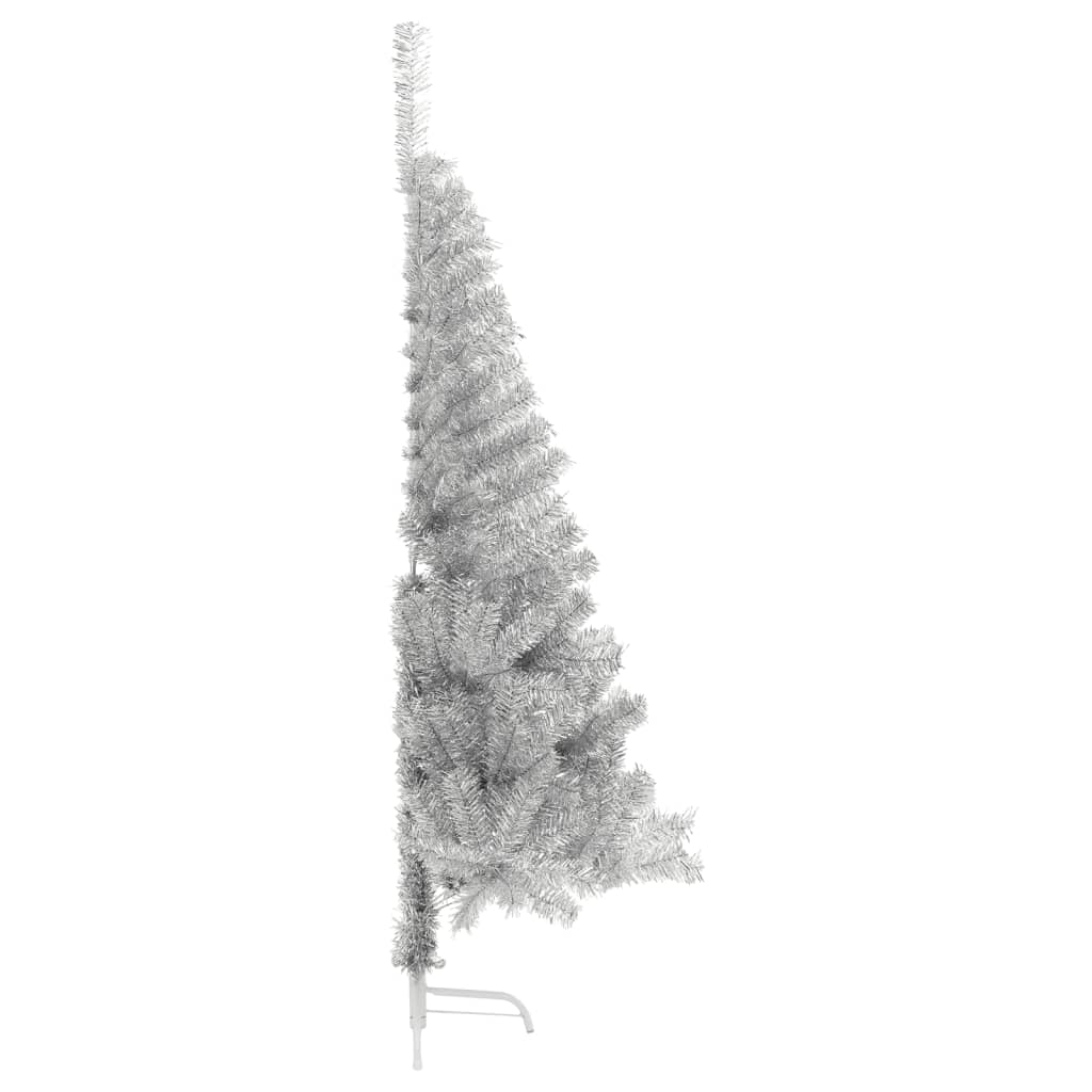 vidaXL Jumătate brad de Crăciun cu suport, argintiu, 150 cm, PET