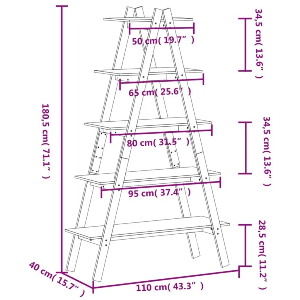 vidaXL Raft cu 5 niveluri în formă de A 110x40x180,5 cm lemn masiv pin
