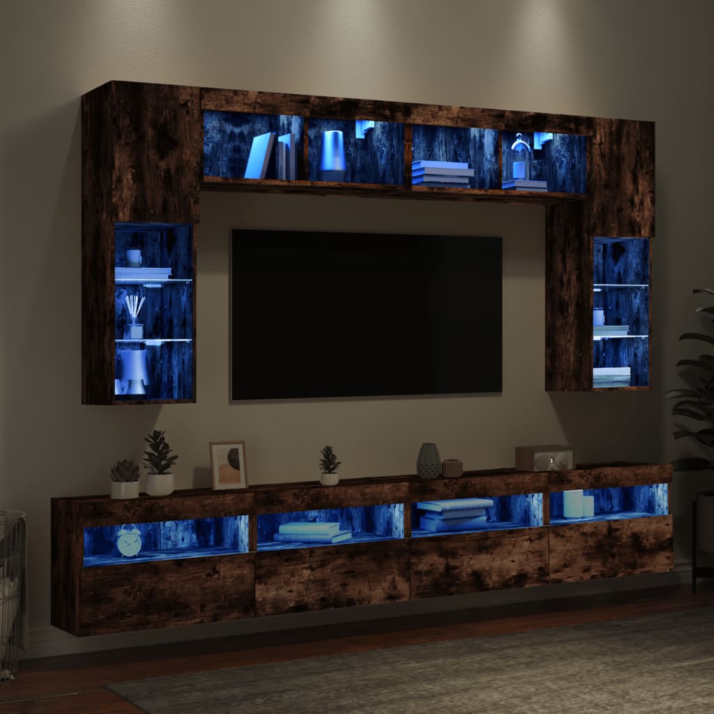 vidaXL Comode TV de perete cu lumini LED, 8 piese, stejar fumuriu