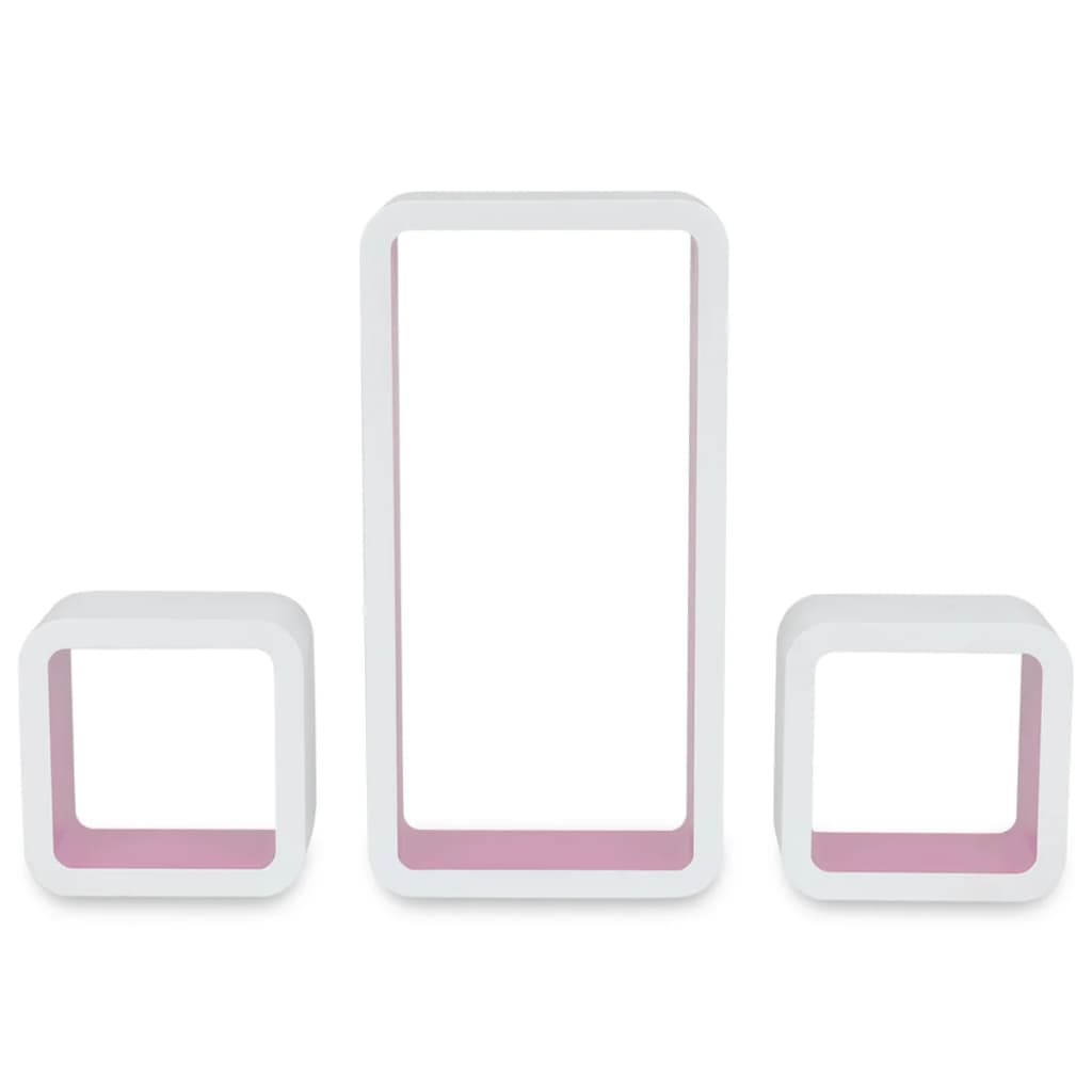 Raft perete suspendat MDF, 3 buc, alb-roz, cuburi depozitare cărți/DVD