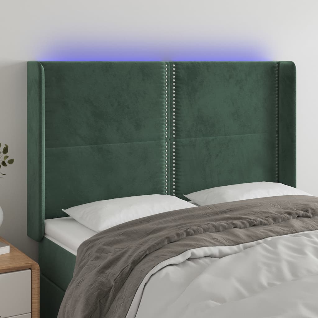 vidaXL Tăblie de pat cu LED, verde închis, 147x16x118/128 cm, catifea