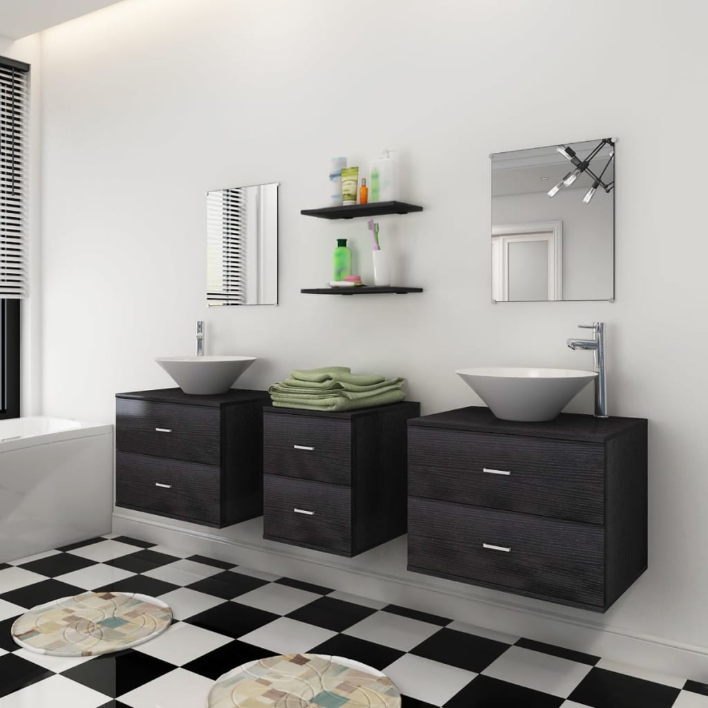 vidaXL Set de mobilier de baie cu 7 piese și chiuvete incluse, negru