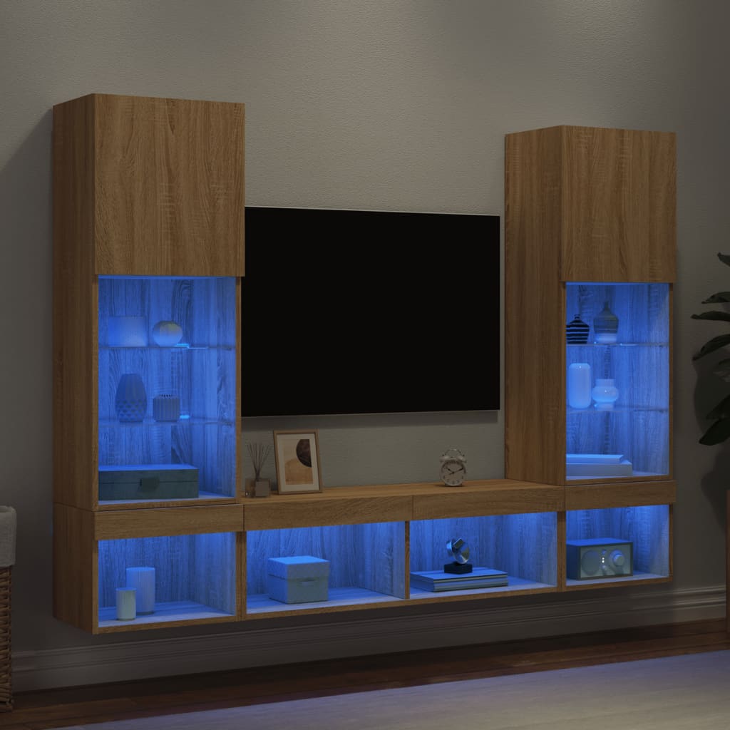 vidaXL Unități de perete TV cu LED-uri, 5 piese, stejar sonoma, lemn