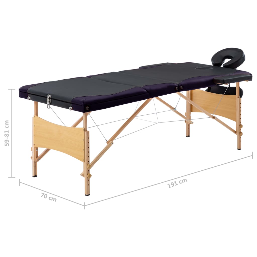 vidaXL Masă de masaj pliabilă, 3 zone, negru și violet, lemn