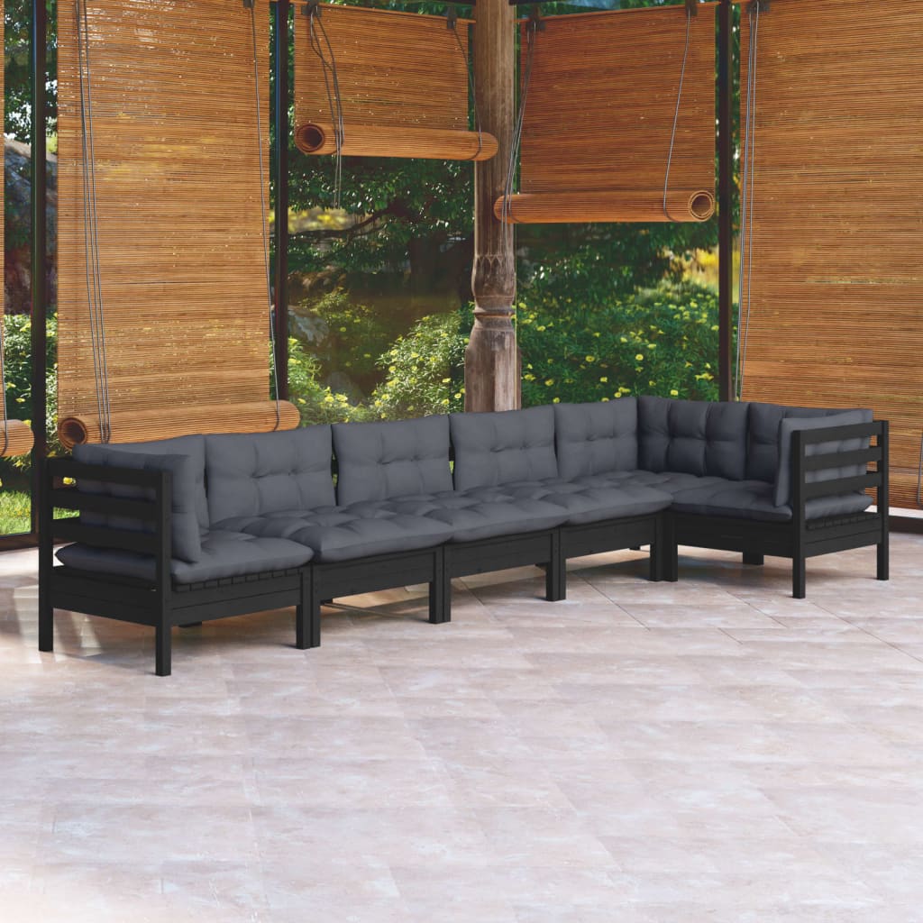 vidaXL Set mobilier de grădină cu perne, 6 piese, negru, lemn de pin