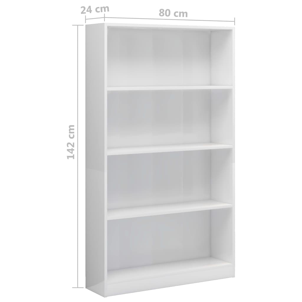 vidaXL Bibliotecă cu 4 rafturi, alb extralucios, 80x24x142 cm, PAL