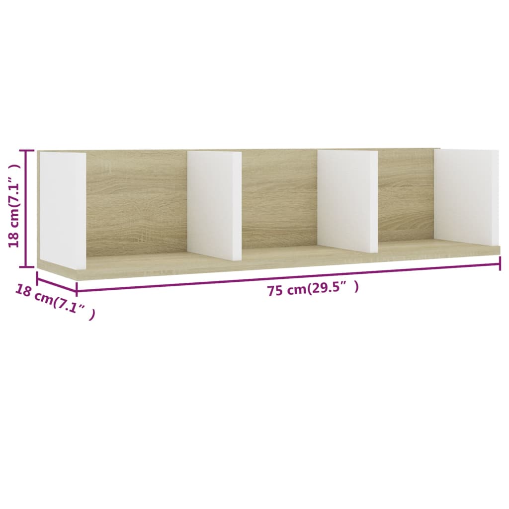 vidaXL Raft de perete CD-uri, alb și stejar Sonoma, 75x18x18 cm, PAL