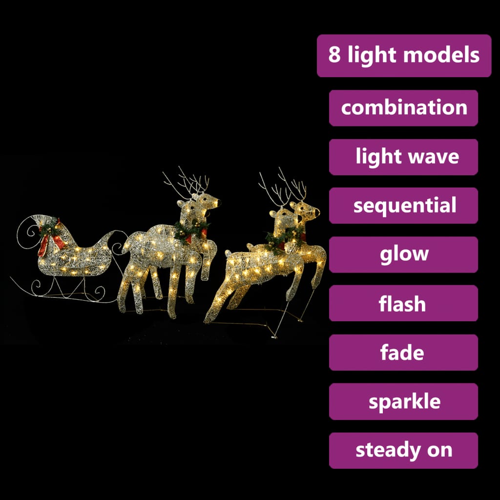 vidaXL Decor de Crăciun cu reni și sanie, 100 LED-uri, auriu, exterior
