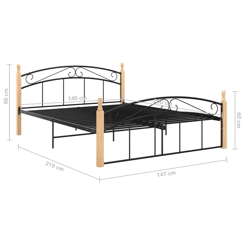 vidaXL Cadru de pat, negru, 140x200 cm, metal și lemn masiv de stejar