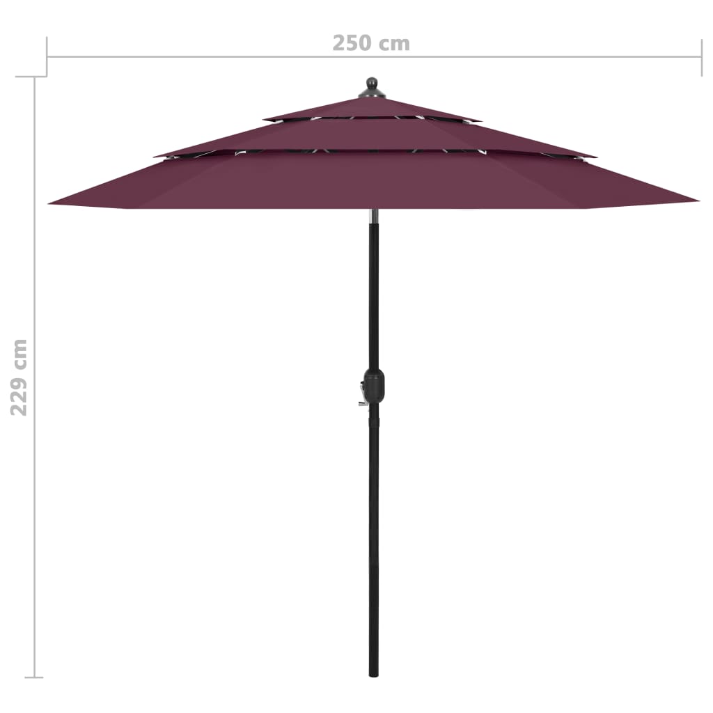 vidaXL Umbrelă de soare 3 niveluri, stâlp aluminiu, roșu bordo, 2,5 m