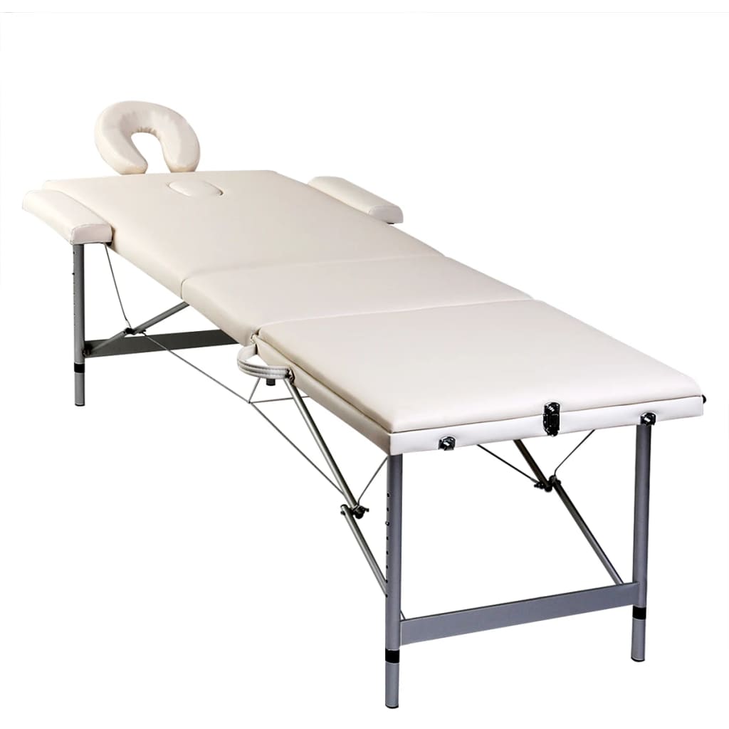 vidaXL Masă masaj pliabilă, 3 zone, alb crem, cadru aluminiu
