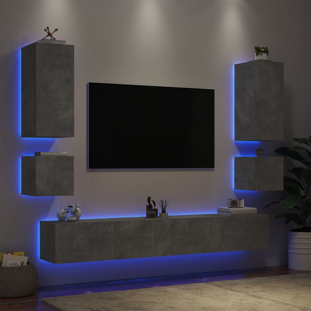 vidaXL Comode TV de perete cu lumini LED, 6 piese, gri beton