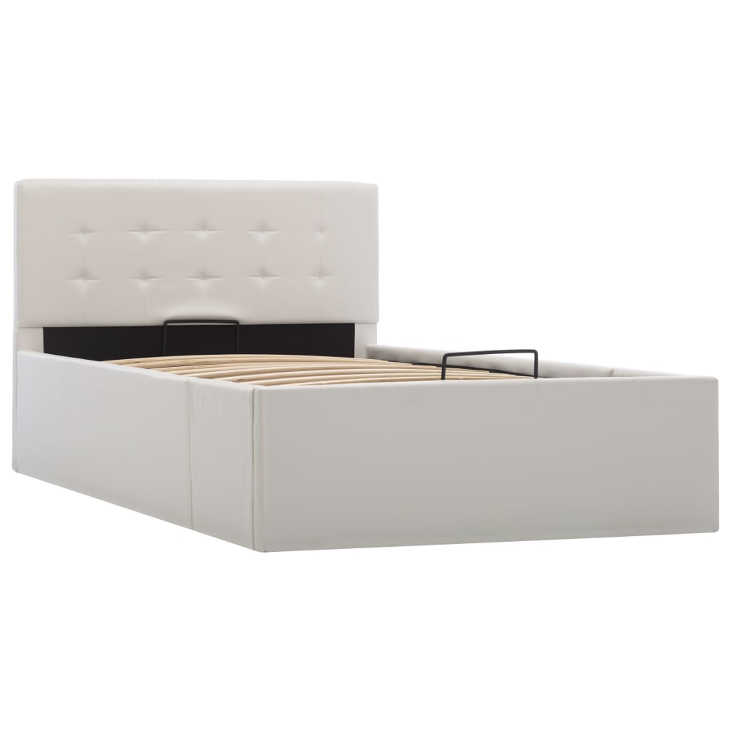 vidaXL Cadru pat hidraulic cu ladă, alb, 90 x 200 cm, piele ecologică