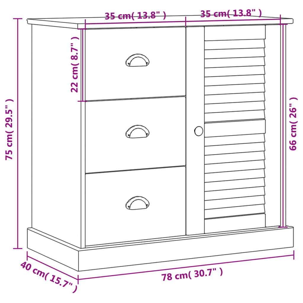 vidaXL Servantă cu sertare VIGO, 78x40x75 cm, alb, lemn masiv de pin