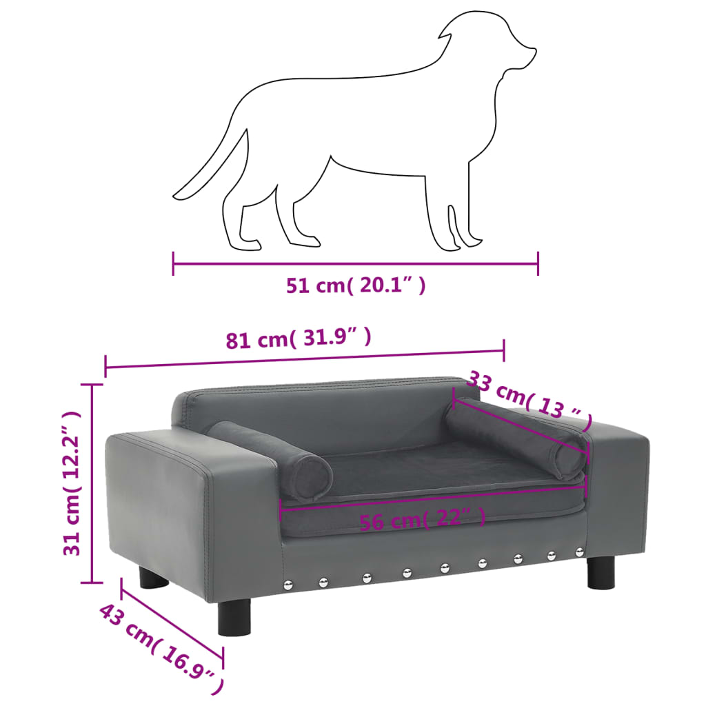 vidaXL Canapea pentru câini, gri, 81x43x31 cm, pluș & piele ecologică