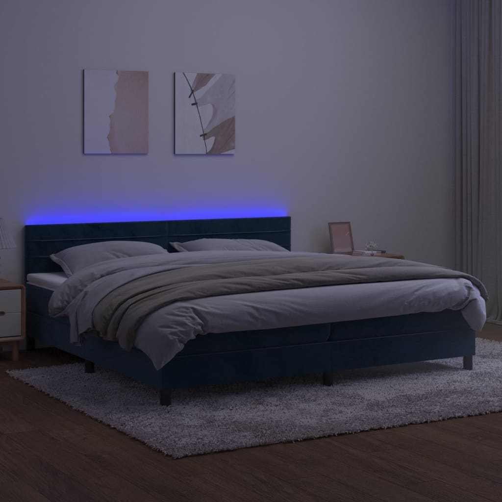 vidaXL Pat cu arcuri, saltea și LED, bleumarin, 200x200 cm, catifea