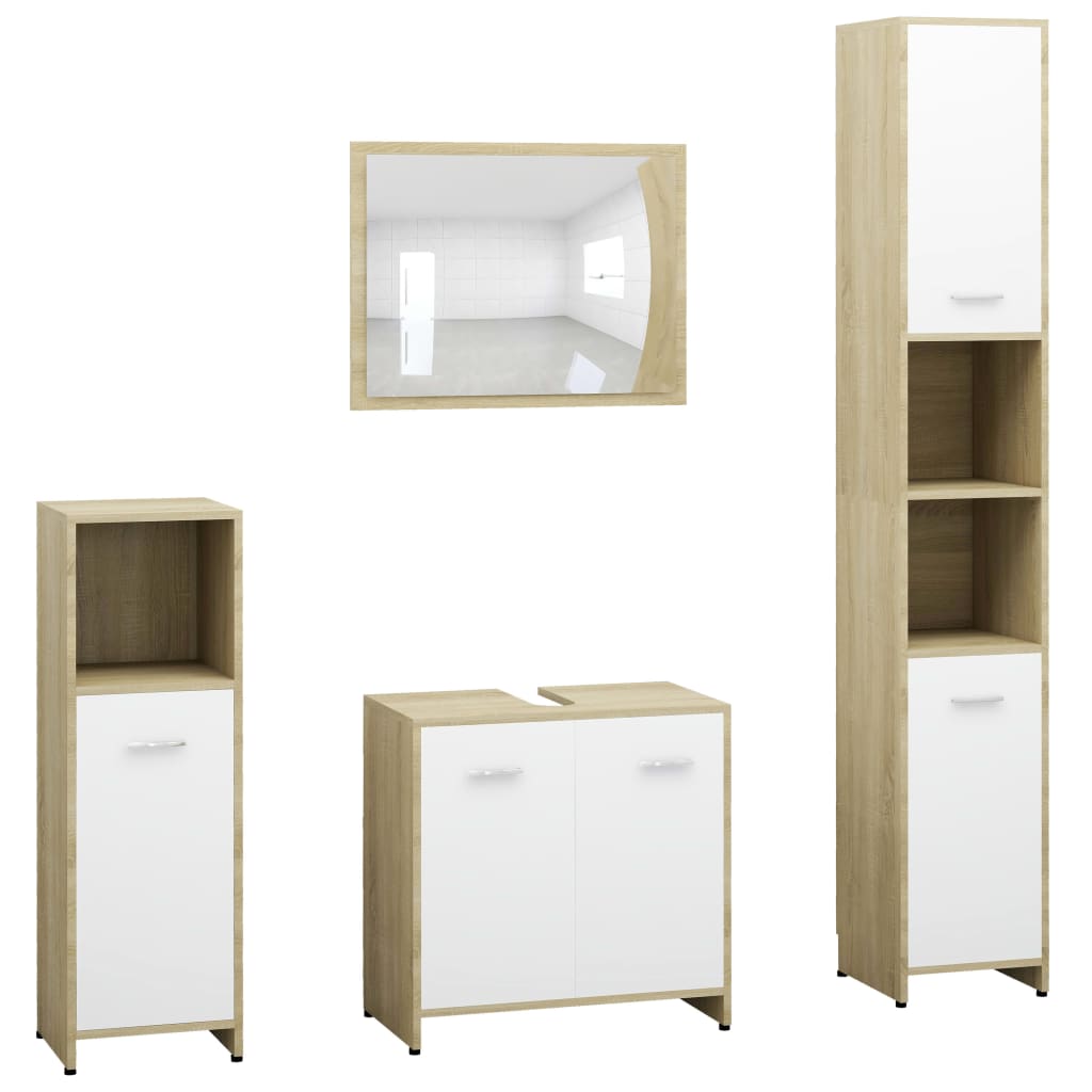 vidaXL Set mobilier baie, 4 piece, alb și stejar Sonoma, PAL