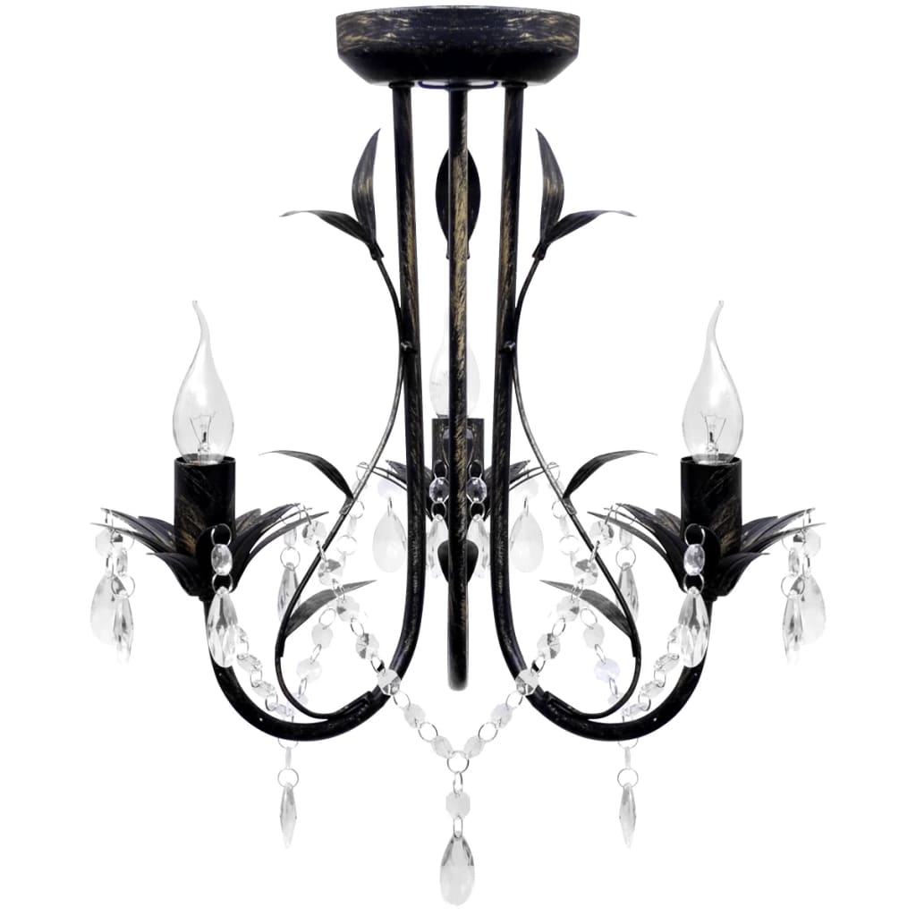 Candelabru metal negru stil Art Nouveau, mărgele cristal, 3xbecuri E14