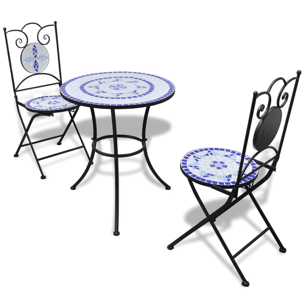 vidaXL Set mobilier bistro, 3 piese, albastru/alb, plăci ceramice