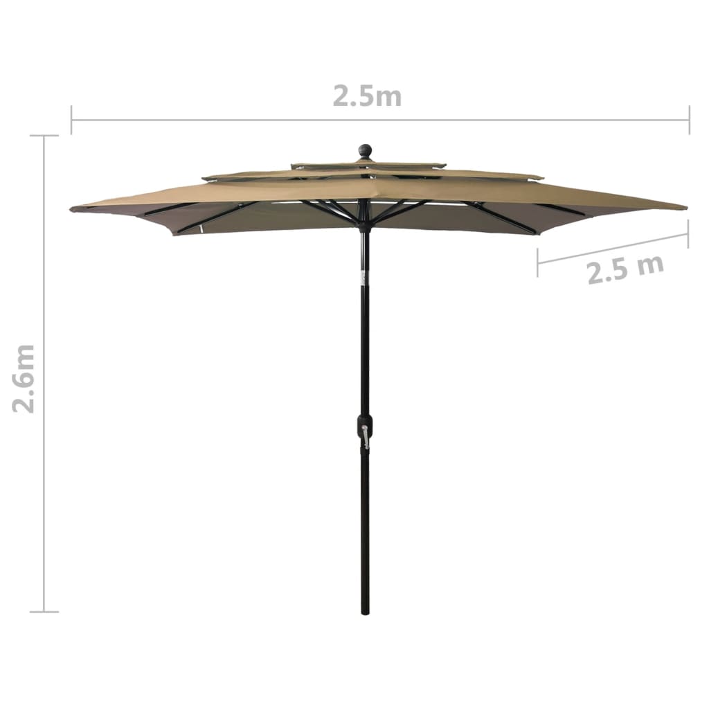 vidaXL Umbrelă de soare 3 niveluri stâlp aluminiu gri taupe 2,5x2,5 m