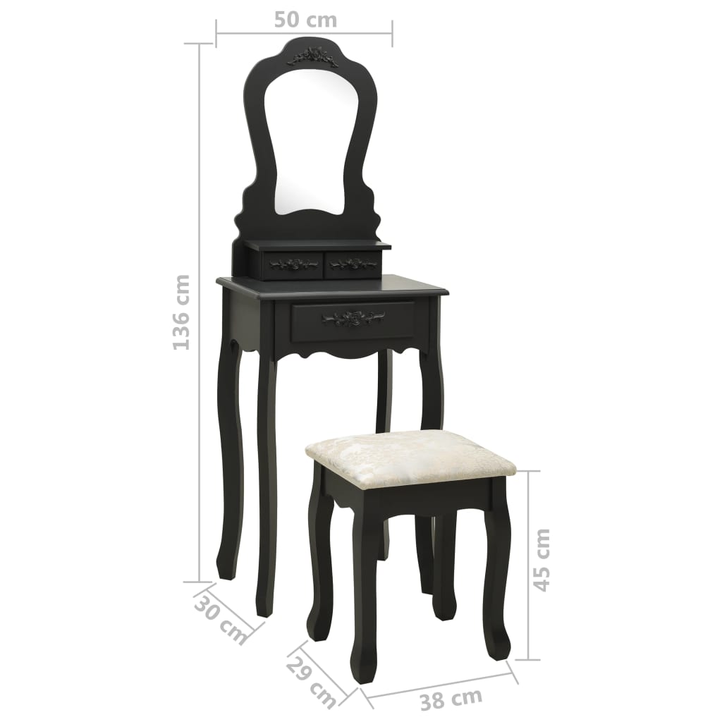 vidaXL Set masă de toaletă cu taburet negru 50x59x136 cm paulownia