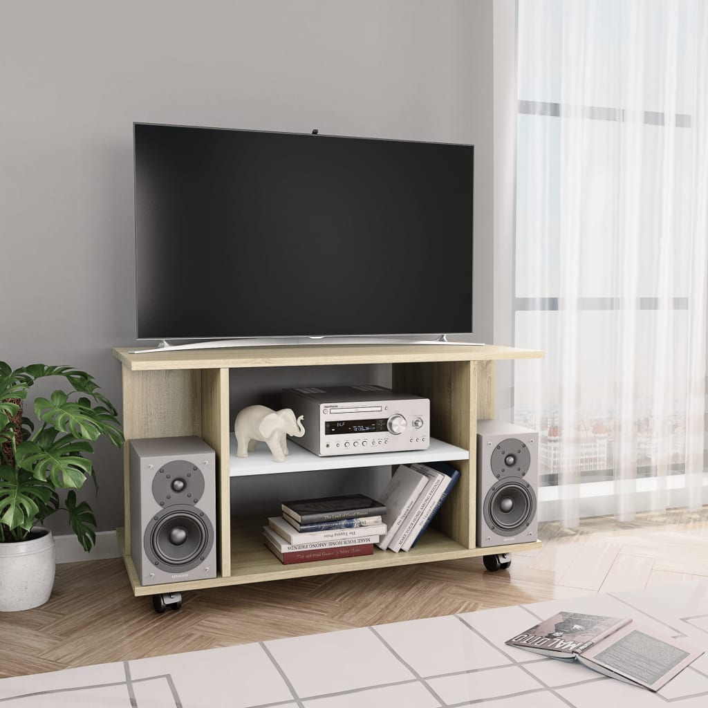 vidaXL Comodă TV cu roți, alb și stejar Sonoma, 80x40x45 cm, PAL