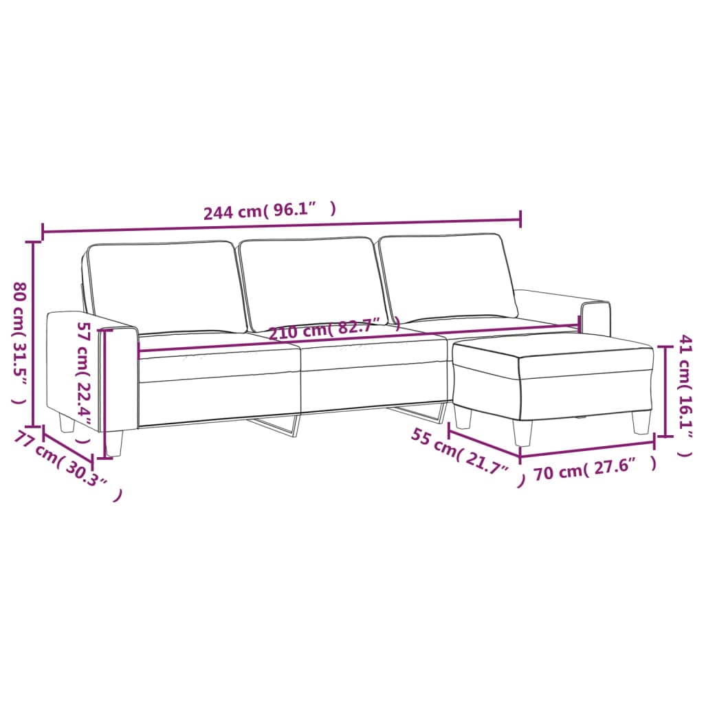vidaXL Canapea cu 3 locuri și taburet, gri deschis, 210 cm, microfibră