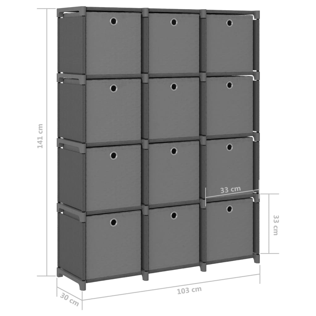 vidaXL Raft expunere, 12 cuburi + cutii, gri, 103x30x141 cm, textil