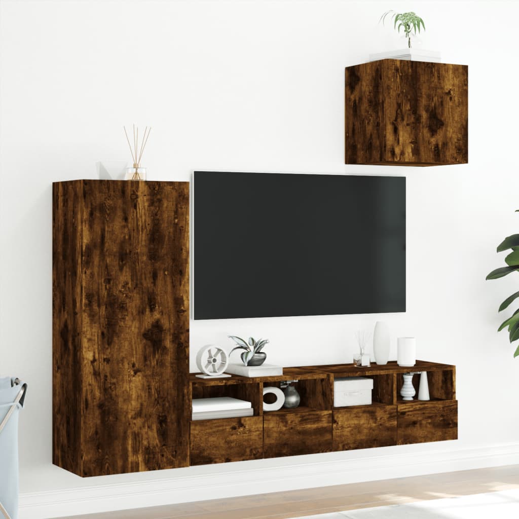 vidaXL Unități TV de perete cu LED-uri, 4 piese, stejar fumuriu, lemn