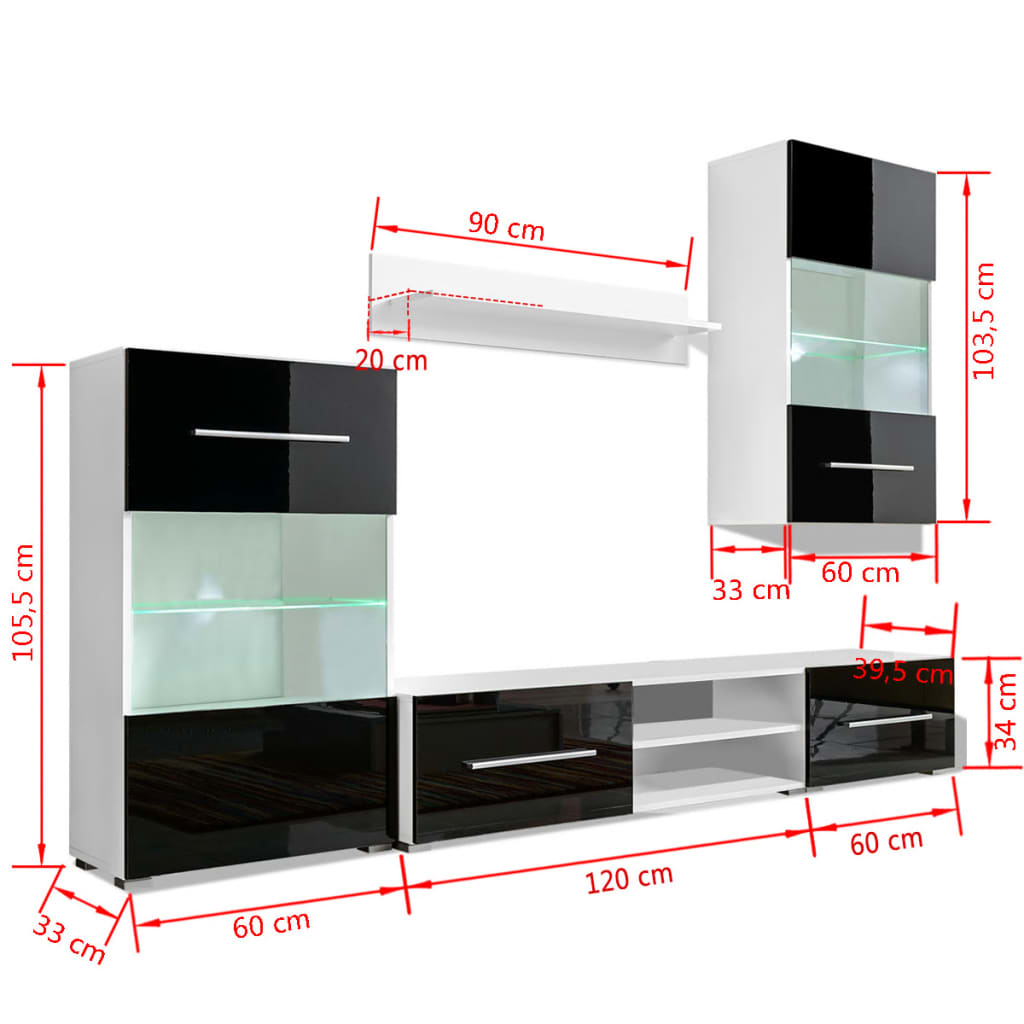 vidaXL Set mobilier comodă TV de perete, 5 piese, iluminare LED, negru