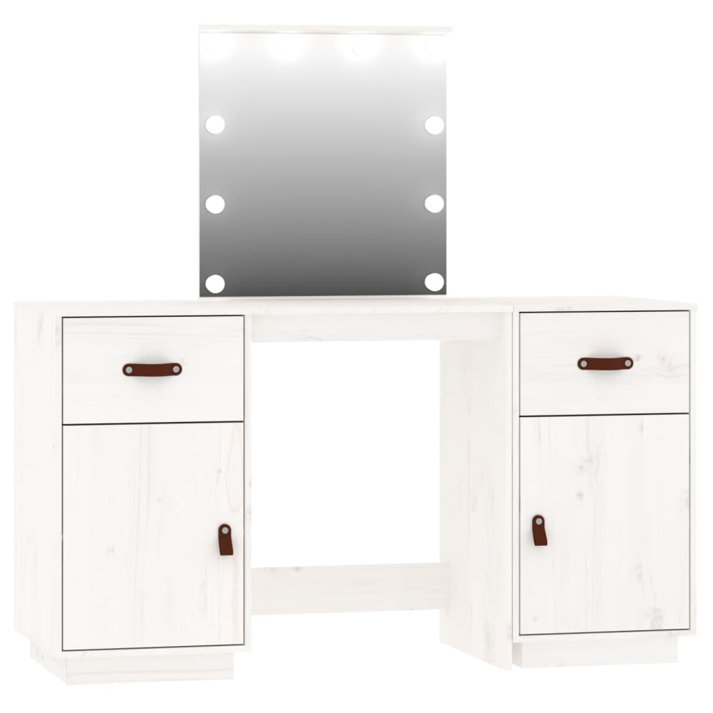 vidaXL Set de masă de toaletă cu LED, alb, lemn masiv de pin