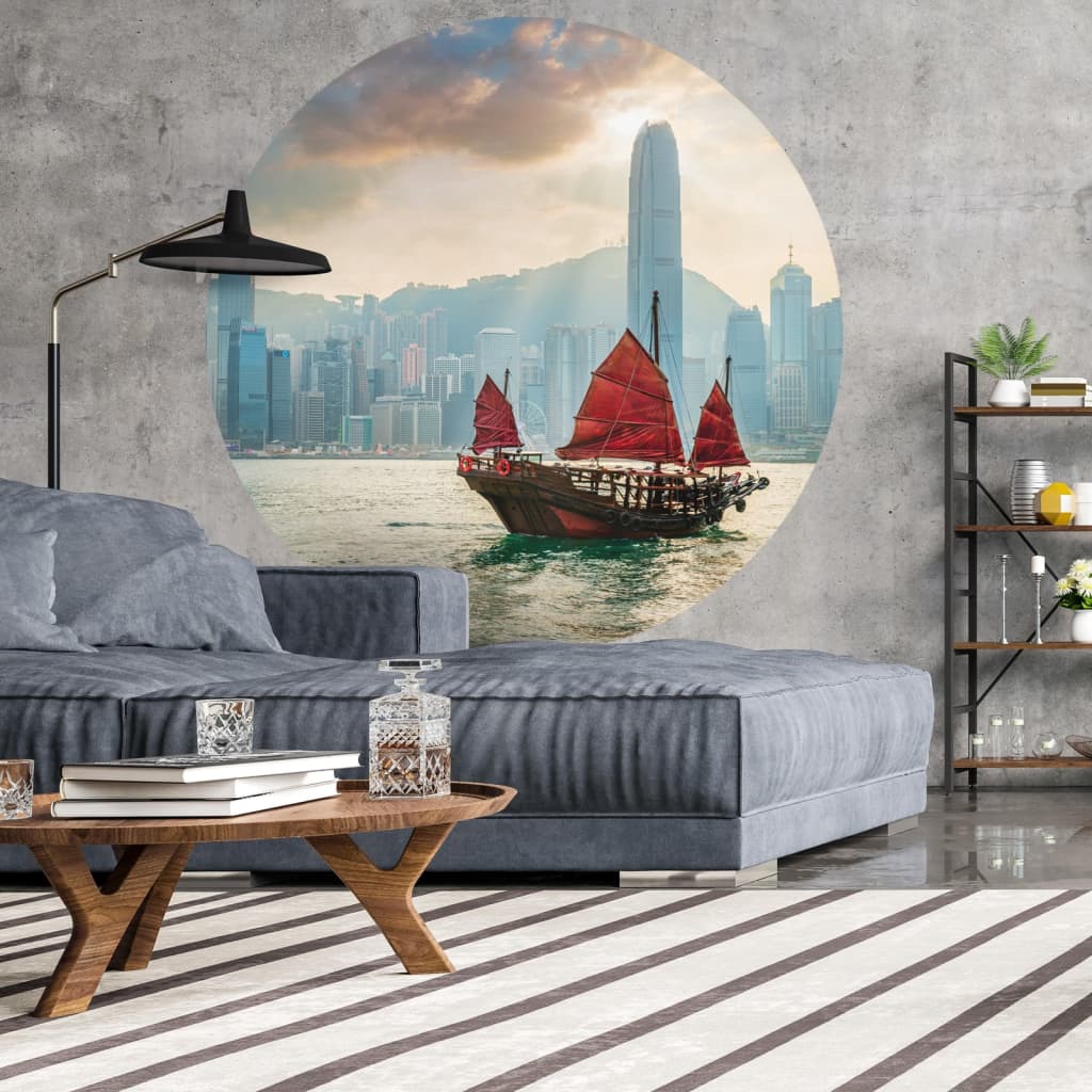 WallArt Tapet în formă de cerc Skyline with Junk Boat, 142,5 cm