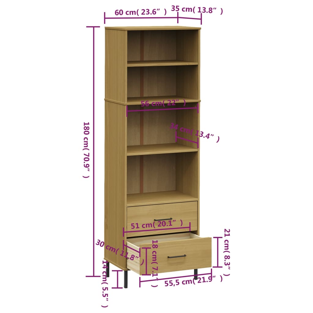 vidaXL Bibliotecă cu 2 sertare OSLO, maro, 60x35x180 cm, lemn masiv