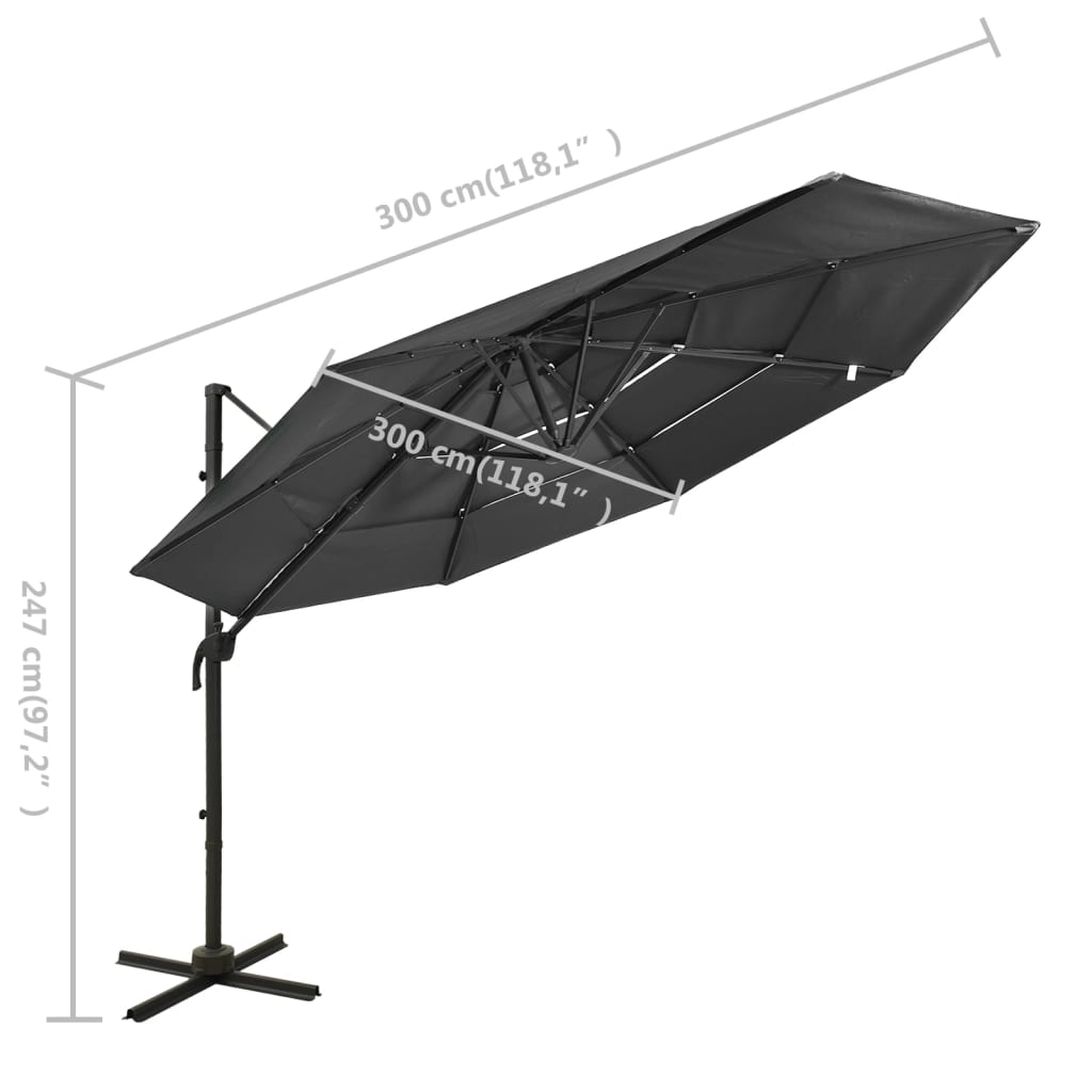 vidaXL Umbrelă de soare 4 niveluri, stâlp de aluminiu, antracit, 3x3 m