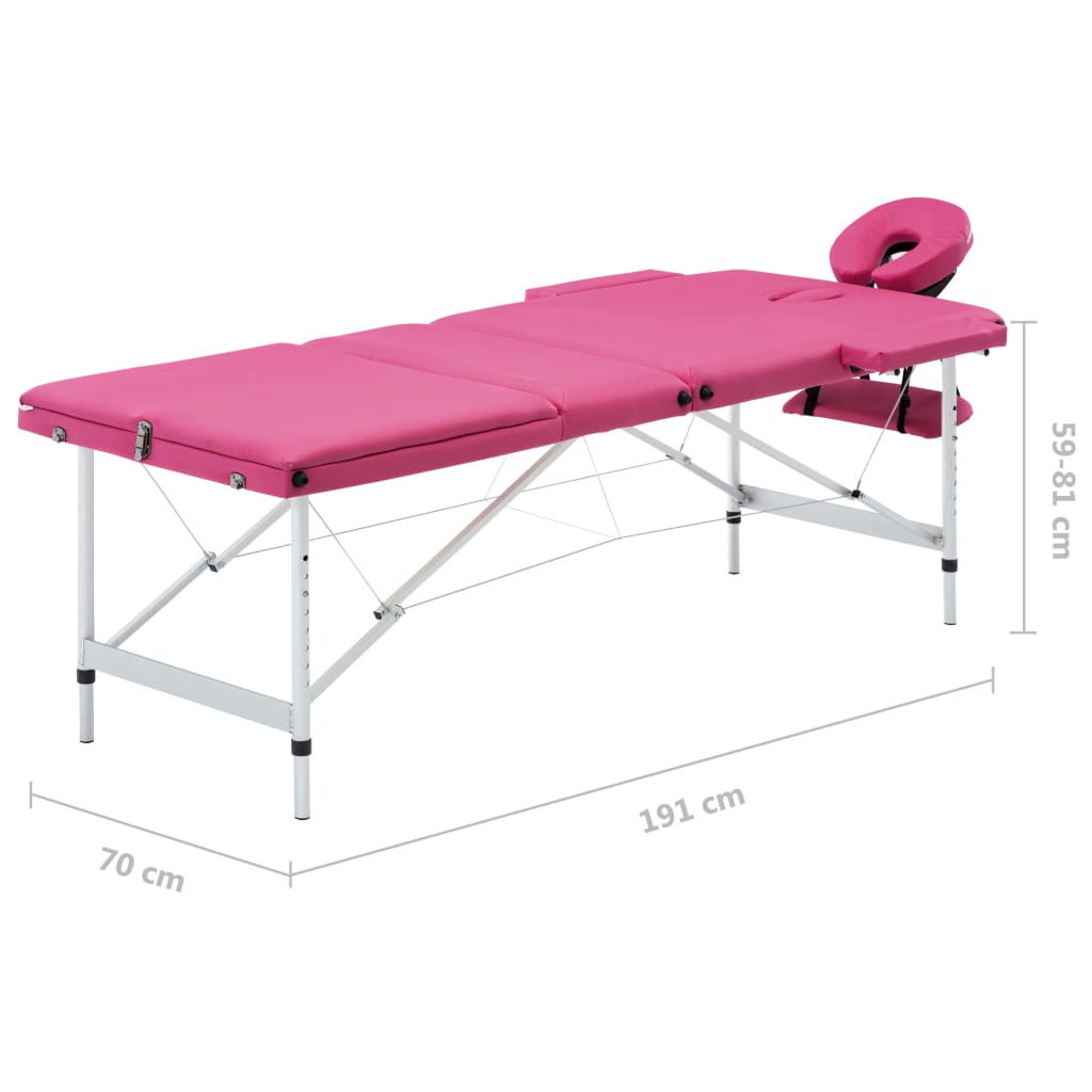 vidaXL Masă de masaj pliabilă, 3 zone, roz, aluminiu