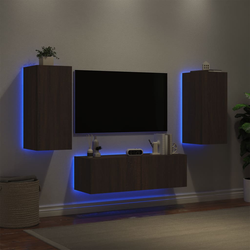 vidaXL Comode TV de perete cu lumini LED, 3 piese, stejar maro