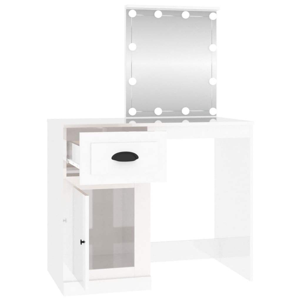 vidaXL Masă de toaletă cu LED, alb extralucios, 90x50x132,5 cm, lemn