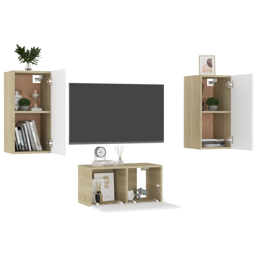 vidaXL Set dulapuri TV, 3 piese, alb și stejar Sonoma, lemn prelucrat