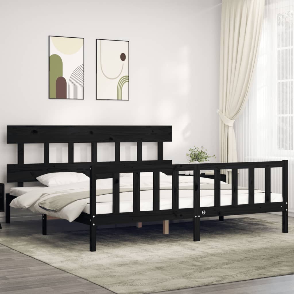vidaXL Cadru de pat cu tăblie Super King Size, negru, lemn masiv