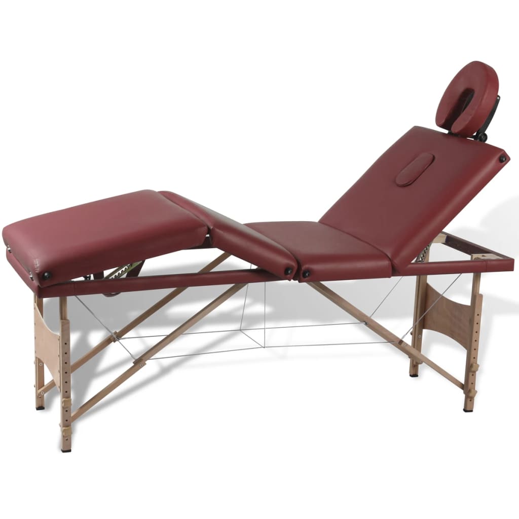 Masă de masaj pliabilă, 4 zone, roșu, cadru din lemn